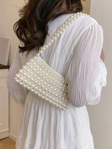 New Retro Chain Underarm Bag, Hand-Woven Beaded Pearl Bag, Fashionable And Versatile Shoulder Bag, Daily Simple Texture, Niche Design, Temperament Dinner Bag, Suitable For Going Out On A Date With A Dress To Attend A Dinner Party - White - View 3