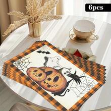 4 pièces Sets de table en lin imprimés d'éléments de citrouille, de diable et de crâne pour Halloween - Sets de table rectangulaires en lin tissé, à utiliser dans le salon, la cuisine, la table de café, la décoration de table de salle à manger