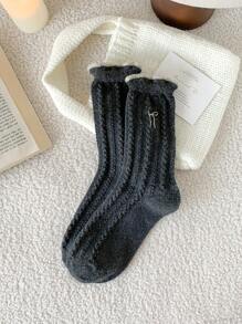 1 Pair/6 Pairs Women Calf Socks With Braided, Bow, Embroidered Patterns, Retro Fashion Versatile Wool Socks, Warm And Windproof, Suitable For Autumn/Winter Daily Wear