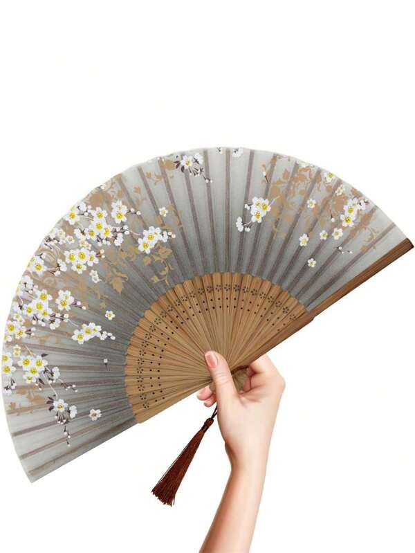 1 pezzo Ventaglio manuale pieghevole da donna - Ventaglio pieghevole in stile retrò cinese in bambù e seta - Adatto per colpi di calore, chiesa, EDM, festival musicali, feste, ballo, performance, decorazione, regali (Sakura grigio)