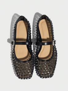 Mesh Breathable Rhinestone Ballet Flats For Women, Black Square Toe Unique Ballerina Strap Flat Marely Jane Shoes, New Design - Black - View 7