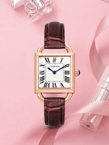 LUCKYFOX 1pc Women's Casual Simple Business Style Zinc Alloy Retro Quartz Square Leather Strap Watch, Suitable For Daily Life