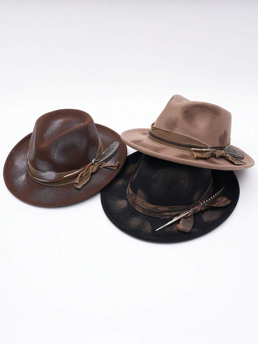 1 件男女通用羊毛波西米亚羽毛装饰软呢帽，复古美式裂纹风格