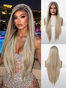 金色渐变色 13*3.5 高清透气透明蕾丝前假发 - 30 英寸超长直发 - 耐热合成假发 - 非常适合日常、派对、舞会 - 女士万圣节服装假发