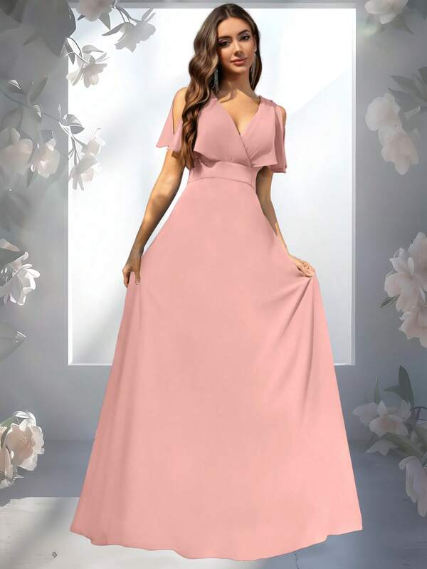 Volly Toych Baby Pink Spring Solid A-Line V-Neck Floor-Length Chiffon Formal Elegant Bridesmaid Dress, Wedding Guest Dress
