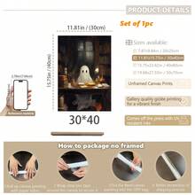 1 件，帆布墙艺术，带框墙艺术，复古书筒阅读鬼魂，万圣节装饰，万圣节海报，万圣节阅读鬼魂，恐怖艺术用于家居装饰办公室装饰浴室装饰客厅装饰卧室装饰，房间装饰，宿舍装饰，卧室装饰，图书馆装饰，学校装饰，返校季万圣节装饰