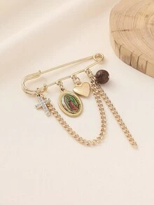 1 件经典不锈钢耶稣玛丽圣十字架和心形吊坠流苏胸针，适合女士服装腰链、帽子装饰、多功能配饰 - 金黃色 - 查看 2