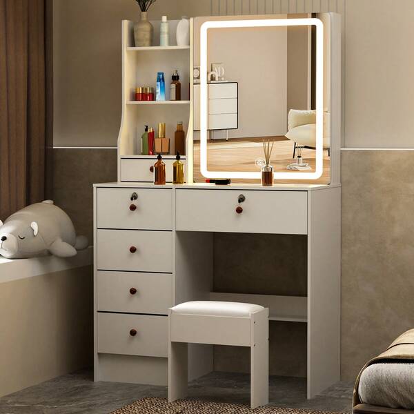 Makeup Dressing Table Vanity Desk Set With LED Lighted Mirror 6 Drawers Dresser