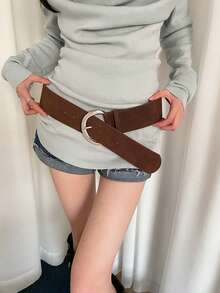 1 chiếc thắt lưng bản rộng màu cà phê chất liệu PU khóa chữ D bằng bạc da lộn cổ điển đa năng cho mùa hè, mùa thu, mùa đông, Halloween - Cà phê - Xem 2