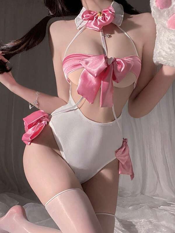 1 Conjunto de lencería sexy de contraste para mujer, body con tirantes de lazo, ropa de dormir reveladora sin entrepierna para juego de roles de Halloween
