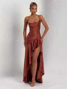 Vestido con aberturas, volantes y tirantes sexy - Óxido marrón - Ver 4