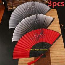 Set de 3 abanicos plegables a mano para hombres y mujeres, estilo japonés hecho a mano, adecuado para baile, fotografía, cheongsam performance, diseños aleatorios de agujeros en el abanico - Multicolor - Ver 19