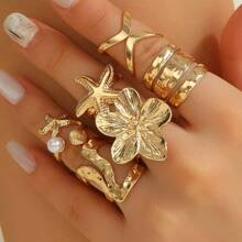 6pcs/Set Fashion Metal Golden Sea Star & Shell Flower Rings Set, Suitable For Gifts, Matching Daily Outfits, Parties, Dates, Beaches