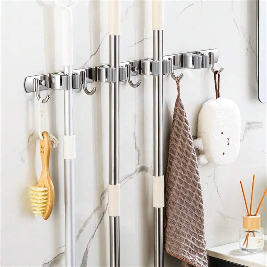 1pc Broom Mop Holder With Hooks, Wall Mount Self Adhesive Non-Slip Stainless Steel Broom Holder, Organize Your Home With This Heavy-Duty Mop And Broom Holder, Bathroom Accessories - Multicolor - View 1