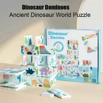 1 set de puzzle de dominos amusants de dinosaures. Appariement et emboîtement pour l'éducation précoce, motifs colorés pour le développement intellectuel. Jouet pour enfants avec multi-couleurs et formes variées. Dominos, appariement et emboîtement agréables, éducation précoce et développement intellectuel. Convient pour que les enfants jouent, éducation familiale précoce.