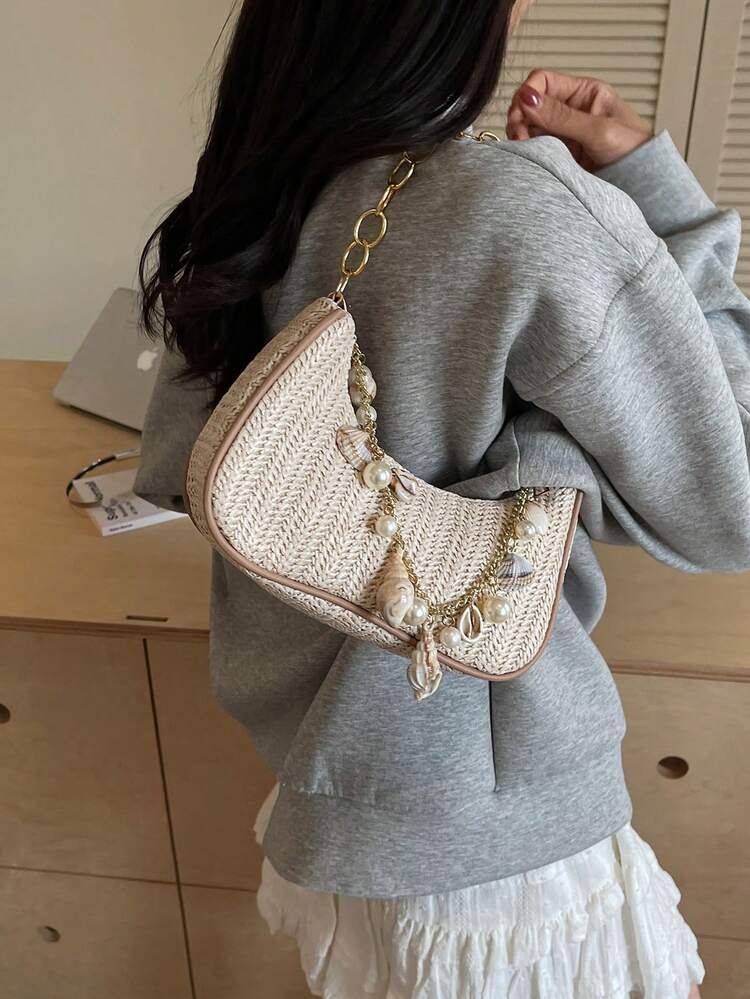 Novachic Minimalist Woven Seashell & Starfish Decor Chain Zipper Shoulder Bag/Crossbody Bag, Suitable For Daily Use And Beach Vacation, Casual Chic For Summer, An Essential Beach Bag For Summer Vacation - Beige - View 4