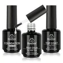 Esmalte Beetles Set de Top Coat Base y Pegamento de Uñas 3 Piezas - Top Coat sin Frotar, Esmalte de Uñas en Gel y Base, con Pegamento 9 en 1, Efecto Brillo, Larga Duración, Remojo UV, Regalo DIY para Mujeres y Niñas - Kit de pegamento para uñas 0-BaseTopCoat - Ver 1