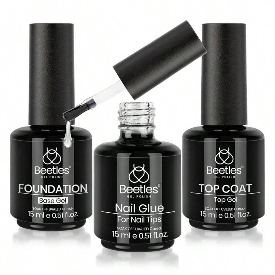 Esmalte Beetles Set de Top Coat Base y Pegamento de Uñas 3 Piezas - Top Coat sin Frotar, Esmalte de Uñas en Gel y Base, con Pegamento 9 en 1, Efecto Brillo, Larga Duración, Remojo UV, Regalo DIY para Mujeres y Niñas - Kit de pegamento para uñas 0-BaseTopCoat - Ver 1