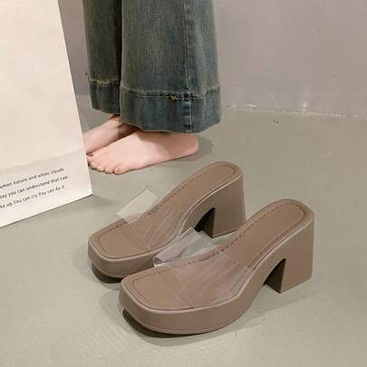 Las mujeres con zapatillas de tacón alto usan zapatillas transparentes de tacón alto con cabeza cuadrada y talón grueso, Plataformas y sandalias de cuña para mujer