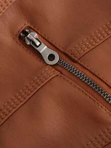 Women's Hooded Faux Leather Jacket With Detachable Hood - Camel - View 5