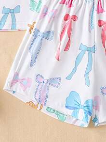 Sweet, Fashionable And Casual Girls' Summer Home Two Pieces Set, Colorful Bow Short Sleeve Shorts Suit, Stand Collar Cardigan Design, Comfortable Fabric, Very Suitable For Wearing At Home, Reading, Resting And Relaxing. - White - View 7