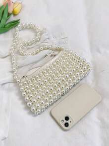 New Retro Chain Underarm Bag, Hand-Woven Beaded Pearl Bag, Fashionable And Versatile Shoulder Bag, Daily Simple Texture, Niche Design, Temperament Dinner Bag, Suitable For Going Out On A Date With A Dress To Attend A Dinner Party - White - View 11