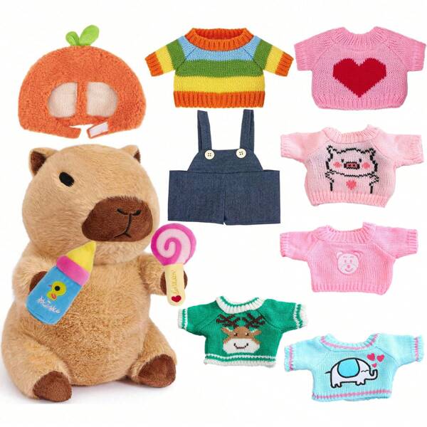(Solo ropa) Disfraz de muñeco de peluche lindo de capibara, mini jersey de punto, suéter vaquero retro de Navidad, conjunto de ropa de 20cm para muñeco de peluche (color y estilo aleatorio)