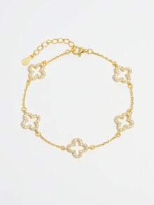 Vaerine 1 pieza Brazalete elegante y minimalista de plata de ley 925 con diseño hueco de trébol de cuatro hojas y circonita cúbica, adecuado para citas, fiestas y uso diario para mostrar Charm, regalo para mujeres - Plateado - Ver 7