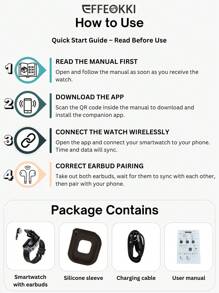 EFFEOKKI EFFEOKKI Smartwatch 2 In 1 Earbuds With Silicone Sleeve Wireless TWS Earphones Headset Make Answer Call Blood Pressure Sport Smart Watch Compatible With Iphone Android Phone