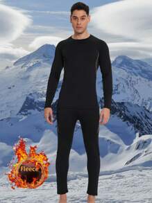 Men's Patchwork Thermal Lined Warm Suit, Autumn/Winter Outdoor Sports Running Fitness Thermal Skiing Base Layer Underwear Set