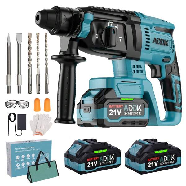 KatFash Akku Bohrhammer 21V, Schlagenergie 2.1 J, mit 5 Stück SDS-plus, Bürstenloser Bohrhammer Motor, Anti-Vibrationsgriff, inkl. 4Ah Akkus,Ladegerät und Schutzbrille im Handwerkerkoffer