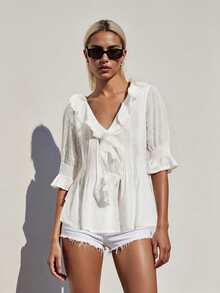 Women's Button Down Blouse Loose Fit Solid/Floral Print Ruffled V Neck Elbow Sleeve Tops - trắng - Xem 1