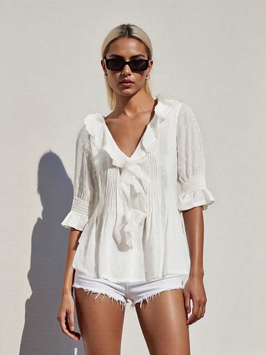 Women's Button Down Blouse Loose Fit Solid/Floral Print Ruffled V Neck Elbow Sleeve Tops - trắng - Xem 1