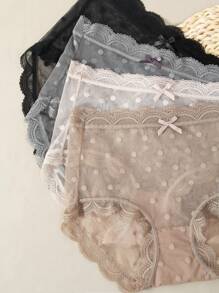 4 pièces de culottes triangle en dentelle semi-transparente à haute extensibilité avec découpes en dentelle sexy pour femme. Ensemble combiné de bas de sous-vêtements pour femme à pois sexy et sans couture pour l'été