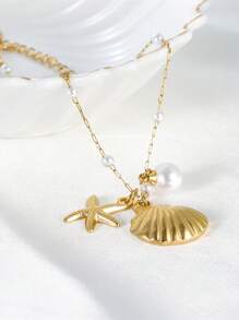 1 pièce Bracelet de cheville avec pendentif en acier inoxydable représentant une coquille et une étoile de mer avec perle, pour femme, pour l'été à la plage