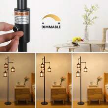 Dimmable Floor Lamps For Living Room, 3-Light Industrial Floor Lamp With Wood & Metal Cage, Farmhouse Standing Lamp Tall Tree Lamp For Bedroom Office, Rustic Black Tall Floor Lamp For Corner - 美規A型插(110-127V) - 查看 2