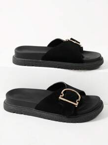 Chanclas de mujer de verano con punta redonda, hebilla ajustable, plataforma gruesa en negro. Pantuflas casuales antideslizantes aptas para la playa, el viaje, la moda y tallas grandes