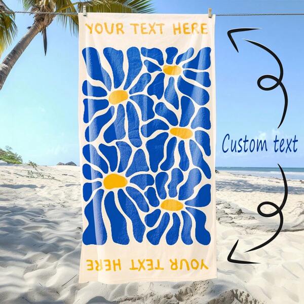 Customizable Warm Sunshine Painting Beach Towel, Made Of Skin-Friendly Soft Towel Fabric For Cozy Comfort. Warm-Toned Base Cloth Radiates Sunny Vitality, Complementing The Vibrant Hand-Painted Blue Flowers And Bright Yellow Centers In A Simple And Fresh Design