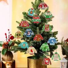 Set de 15 piezas Pintura de diamantes a doble cara con temática de suéter navideño que incluye llavero, colgante DIY de pintura de diamantes, manualidades de pintura de diamantes, regalo ideal para decorar en Navidad