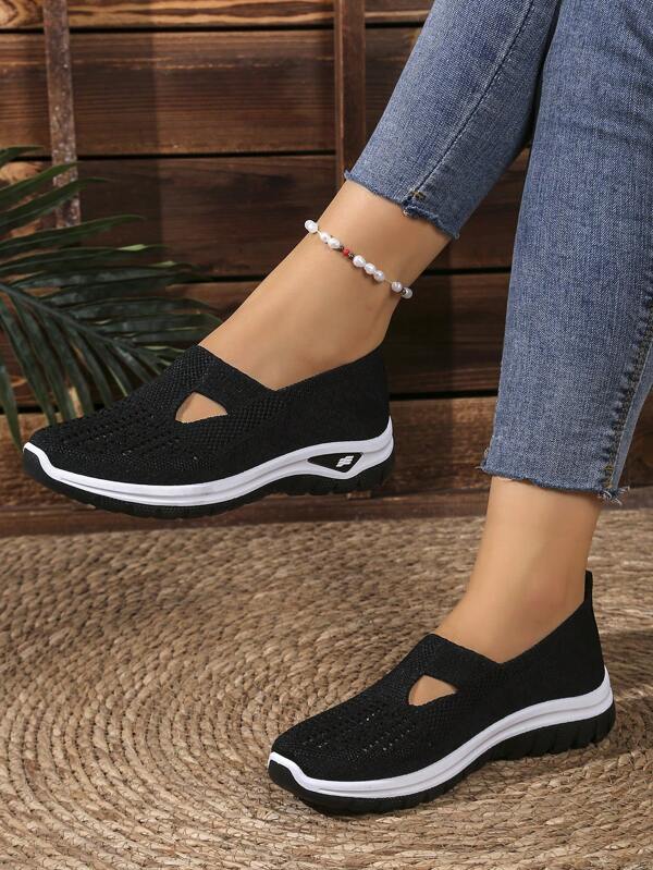 Women's Casual Breathable Slip-On Walking Sneakers - Solid Color Fabric Upper With Cut-Out Design, Lightweight PU Sole, All-Season Comfort Shoes, Plain Toe Low Top Flats - Taizhou Crafted