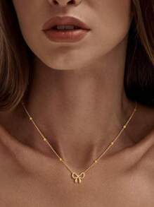 1 Pc Stainless Steel Jewelry Gold Bow Bowknot Pendant Bead Chain Set Simple Cute Fashion Girl Versatile High-End Necklace Stylish Minimalist Bow Pendant Necklace