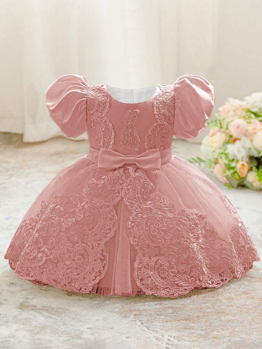 Baby Girls' 0-2 Years White Lace Ruffled Sleeves Mini Dress, Christening Gown Suitable For Role Play & Party - 粉色 - 查看 1