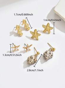 3 Pairs Women Vintage Ocean Themed Seahorse, Starfish, Shell Stud Earring Set, Suitable For Beach & Holiday Wear