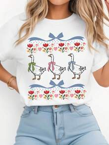 Koszulka damska JOYY z kwiatowym i gęsim wzorem retro, luźna, minimalistyczna, luźna, z okrągłym dekoltem i krótkim rękawem, modna i urocza do noszenia na co dzień - Biały - Zobacz 6