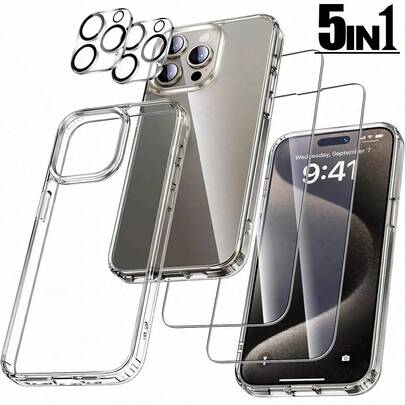 ZYONS [5 合 1 包] 2 个高清钢化玻璃屏幕保护膜 + 2 个相机镜头保护膜 + 1 个水晶透明外壳，兼容 16 Pro Max/16 Plus/16E/15 Pro Max/14/13 Mini/12/11 | 全面保护、防刮、防黄变、无气泡、通用