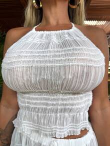 Manon Tanti 波西米亚夏季海滩两件套荷叶边短款上衣高腰长裙节日度假装度假装透明套装 - 查看 5