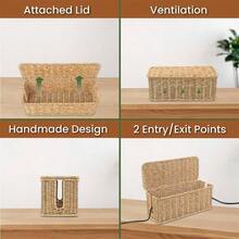 Caja de gestión de cables organizador de cables de ratán hecho a mano 2 ranuras abiertas caja de ocultación de cables organizador de cables debajo del computadora para enrutador de computadora - Natural - Ver 5