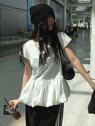 夏季女士圆领纯色荷叶边下摆短袖衬衫