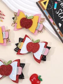 Set de 4 lazos para el cabello con forma de lápiz de manzana brillante para niñas para volver al colegio, con pinzas de caimán, coloridos y brillantes, accesorios para el cabello para el primer día de clases, regalo para estudiantes del nuevo semestre, pasadores para el cabello para adolescentes