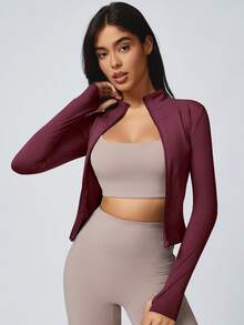 1件女士纯色带拇指孔长袖拉链运动外套，适合瑜伽和日常穿着，秋季款